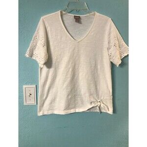 Chico's Top‎  Womens 1 (10 US) White Slub Knit eyelet sleeves Knot Hem Casual